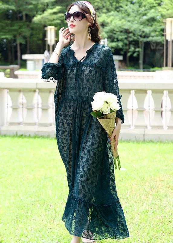 v-neck dressFrench Peacock Blue Ruffled Exra Large Hem Silk Long Dress Spring