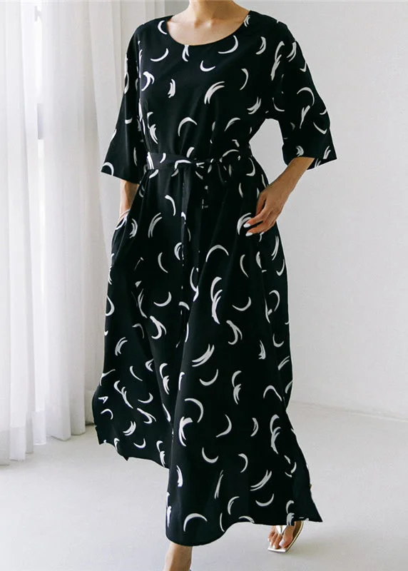 oversized dressBlack O-Neck Bow Tie Waist Silk Maxi Dress Long Sleev