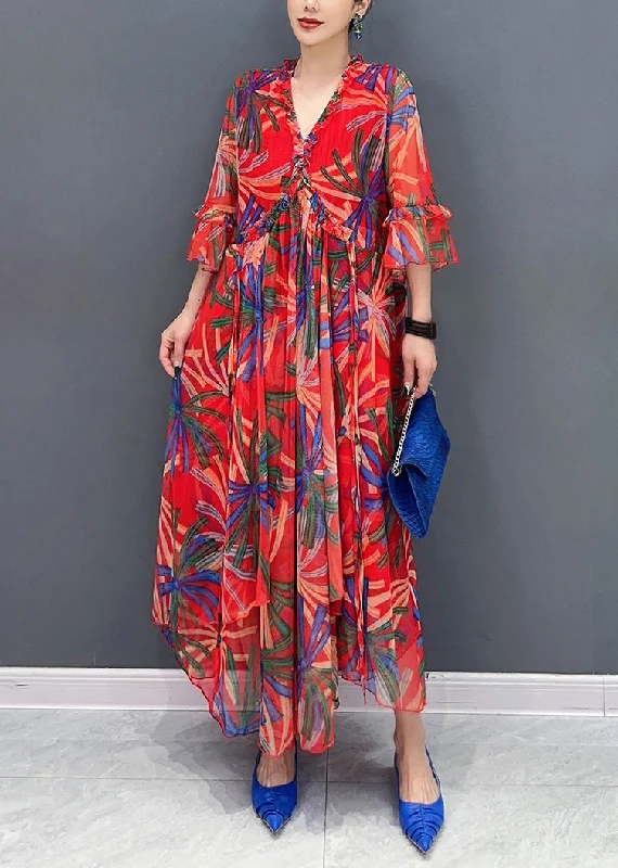 oversized dressStyle Red V Neck Drawstring Vacation Chiffon Maxi Dresses Summer