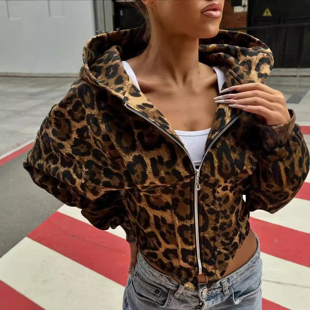 Closeout Lunivop Autumn Winter Fashion Leopard Irregular Cardigan Jacket Women Hooded Long Sleeve Zipper Casual Hipster Streetwear Coats