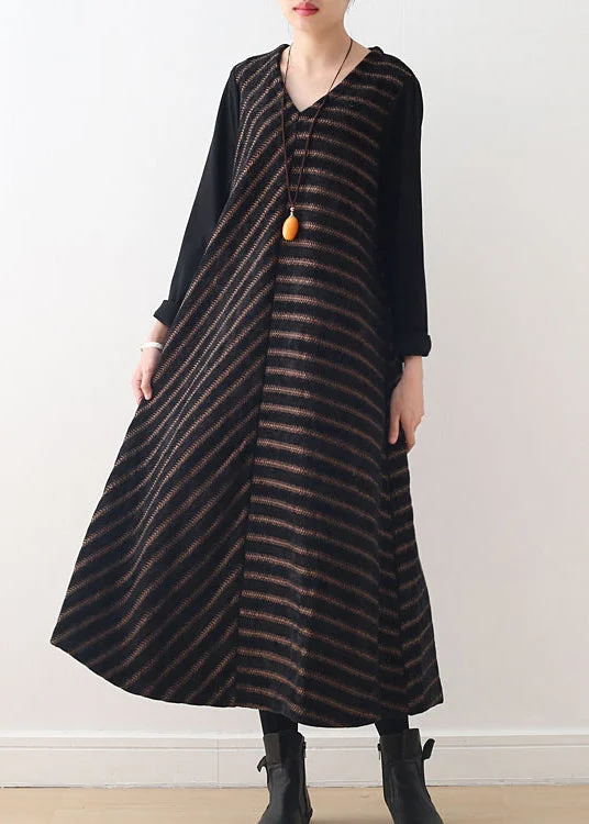 Hurry In ruffle dressruffle dressSimple Chocolate V Neck Striped Woolen Maxi Dresses Fall