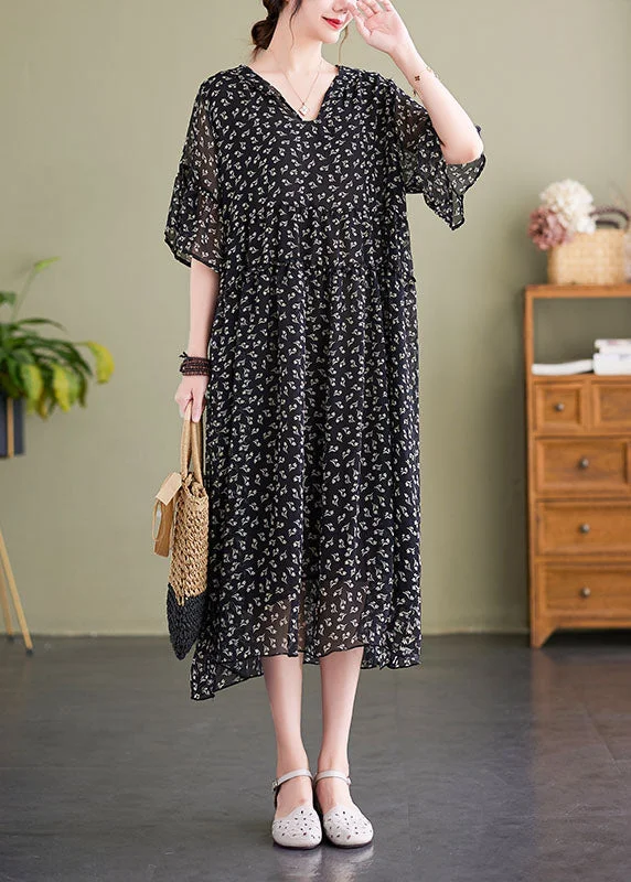 Discount Extravaganza modern dressmodern dressFrench Black V Neck Hooded Print Chiffon Dress Summer Discount Extravaganza modern dressmodern dressFrench Black V Neck Hooded Print Chiffon Dress Summer