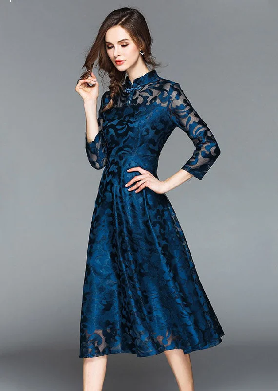 playful dressBeautiful Blue Stand Collar Oriental Button Lace Long Dress Fall