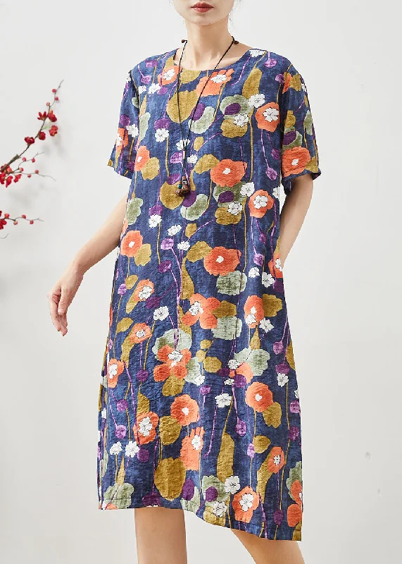 ruffle dressNavy Morning Glory Print Cotton Mid Dress Oversized Summer