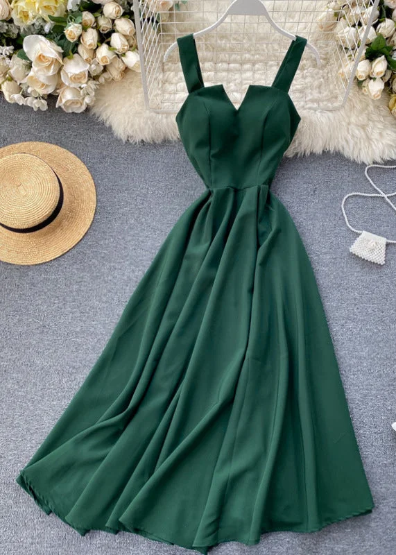 chic shift dressSlim Fit Green Cold Shoulder Solid Cotton Spaghetti Strap Dress Sleeveless