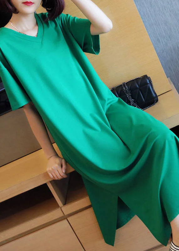 Buy Now winter dresswinter dressBohemian Green V Neck Side Open Cotton Long Dress Summer