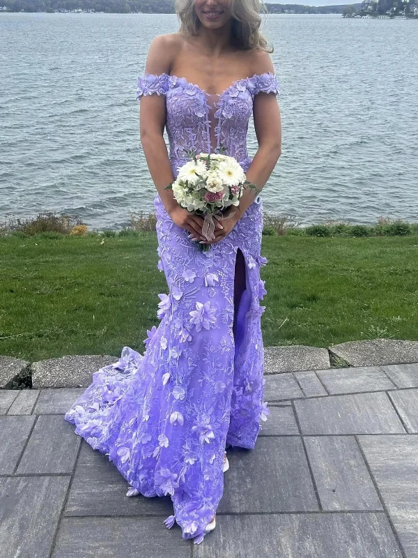 Deal Explosion casual summer dresscasual summer dressOff the Shoulder Mermaid Lilac Lace Floral Long Prom Dresses, High Slit Purple Lace Formal Graduation Evening Dresses with Flowers SP3094