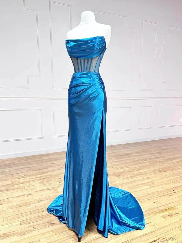 Special Savings flowy dressflowy dressPrincess Mermaid Blue Satin Long Prom Dresses with High Slit, Mermaid Blue Formal Dresses, Blue Evening Dresses SP2720