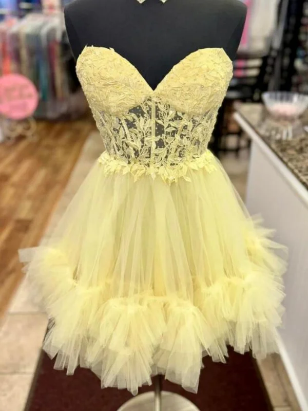 Hurry In bodycon dressbodycon dressStrapless Sweetheart Neck Yellow Lace Short Prom Dresses, Yellow Lace Homecoming Dresses, Yellow Formal Graduation Evening Dresses SP3008