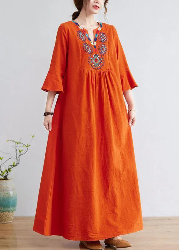 Price Fest casual shift dresscasual shift dressWomen Orange Embroideried Wrinkled Cotton Maxi Dress Bracelet Sleeve