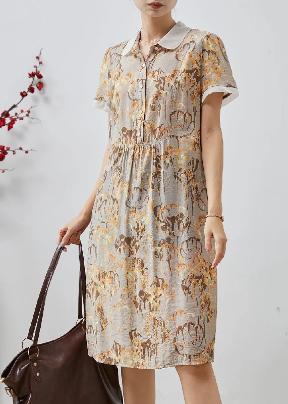 casual summer dressDIY Khaki Peter Pan Collar Print Cotton Shirt Dresses Summer