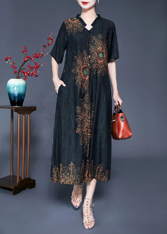 Extra Savings lace dresslace dressBlack Print Silk Long Dress Oversized Pocket Summer
