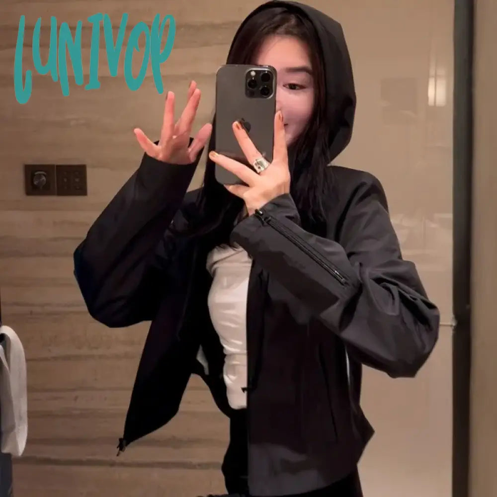 Price Rollback Lunivop Cropped Windbreaker Jacket Women Korean Fashion Streetwear Black Short Jacket Zipper Hooded Outwear Harajuku Aesthetic