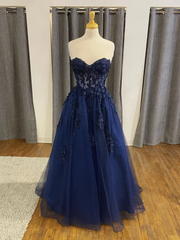 Anniversary Sale ruffle dressruffle dressStrapless Open Back Navy Blue Lace Beaded Long Prom Dresses, Navy Blue Lace Formal Graduation Evening Dresses SP2473
