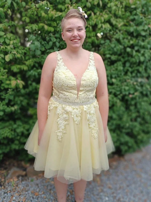 Year-End Sale layered dresslayered dressA Line V Neck Yellow Lace Prom Dresses with Belt, Short Yellow Lace Homecoming Dresses, Yellow Formal Graduation Evening Dresses SP3022
