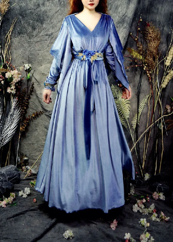 Price Cut casual dresscasual dressChic Blue V Neck Ruffles Bow Tie Waist Silk Party Dress Spring