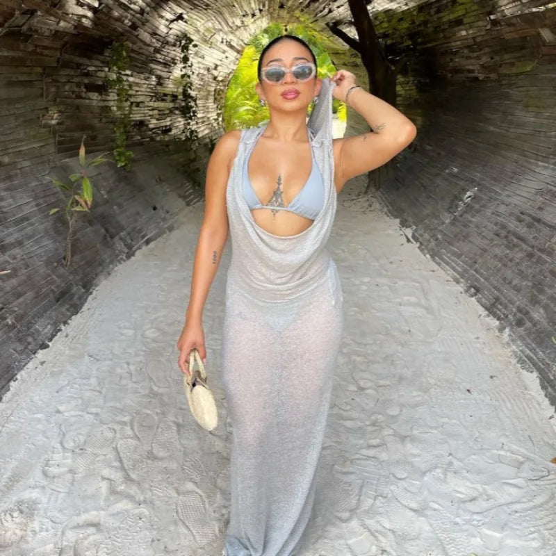 Savings Alert Lunivop Summer Sexy Spicy Girls See Through Backless Long Dress Women Hooded Swinging Collar Sleeveless Beachwear Bikini Cover Up