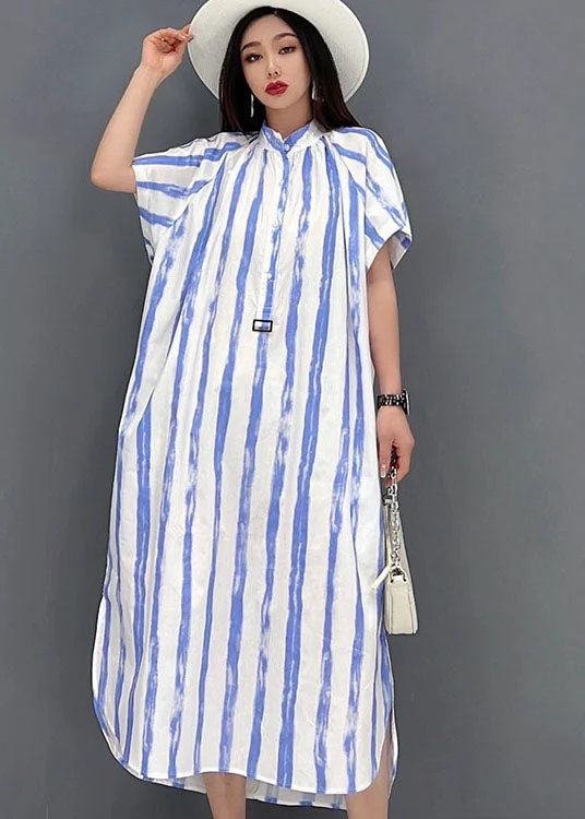 Lowest Prices v-neck dressv-neck dressDiy Blue Striped Stand Collar Side Open Cotton Maxi Dresses Short Sleeve