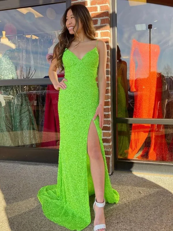 Hurry In stylish party dressstylish party dressV Neck Mermaid Mint Green Sequins Long Prom Dresses with High Slit, Mint Green Sequins Formal Graduation Evening Dresses SP2600