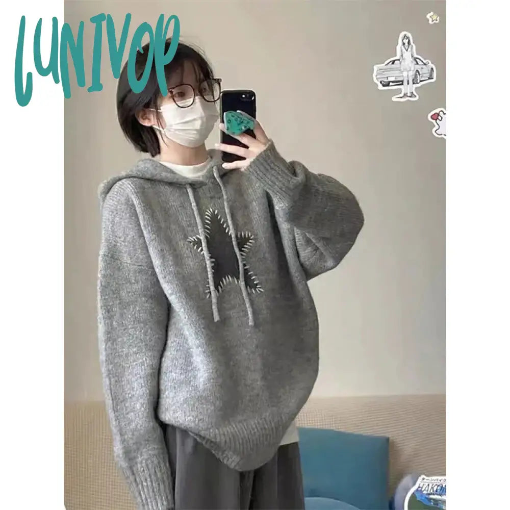The Best Prices Lunivop Vintage Hooded Sweater Women Oversized Star Print Knitted Pullovers Streetwear Long Sleeve Jumpers Winter Korean Knitwear