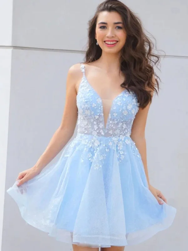 Super Bargain silk dresssilk dressCute V Neck Light Blue Lace Floral Short Prom Homecoming Dresses, Light Blue Lace Formal Graduation Evening Dresses SP2112