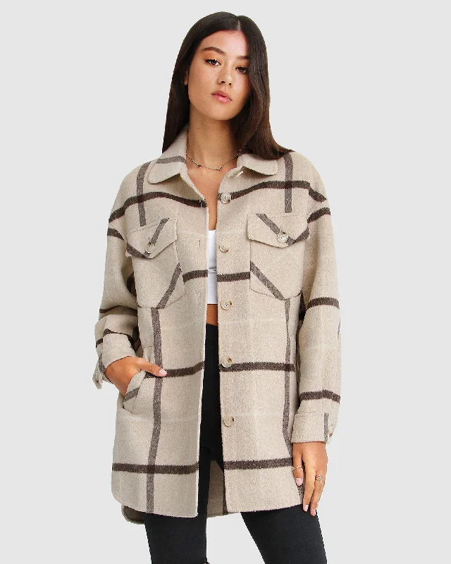 fashion-forward coatRiver's Edge Plaid Shacket - Beige