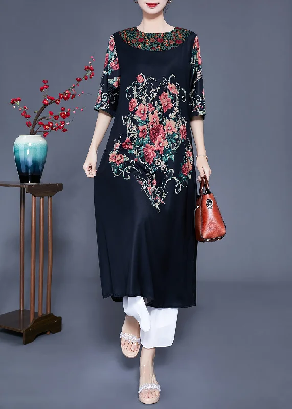 Early Bird Discount romantic dressromantic dressBeautiful Black O-Neck Print Silk Holiday Dress Half Sleeve