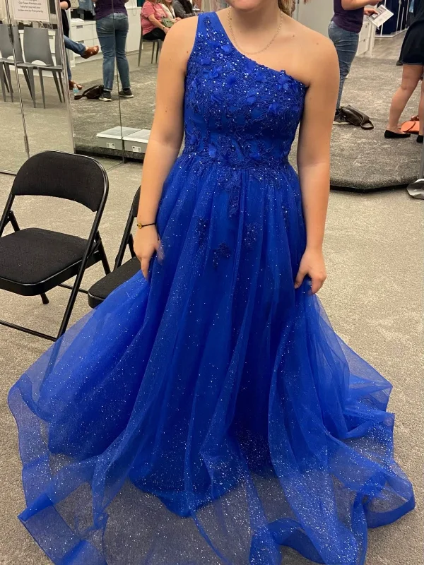 Weekend Special sleek dresssleek dressShiny Tulle One Shoulder Blue Lace Long Prom Dresses, One Shoulder Blue Formal Dresses, Blue Lace Evening Dresses SP3075