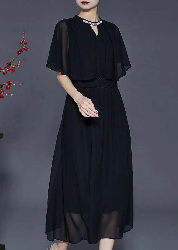 sleeveless dressFrench Black Silm Fit Draping Chiffon Dresses Batwing Sleeve