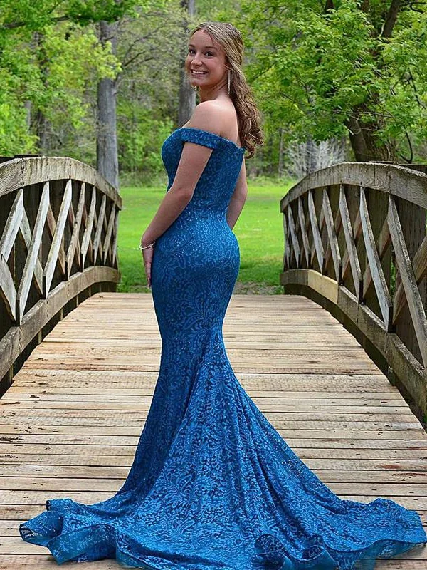 Massive Deals trendy bodycon dresstrendy bodycon dressOff Shoulder Mermaid Blue Lace Long Prom Dresses, Mermaid Blue Formal Dresses, Blue Lace Evening Dresses SP2181