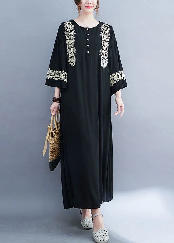Clearance Items A-line dressA-line dressNatural Black Embroideried Cotton Holiday Dress Bracelet Sleeve