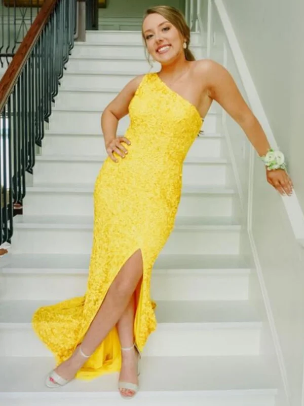 Online Only oversized dressoversized dressOne Shoulder Yellow Sequins Long Prom Dresses with Leg Slit, Long Yellow Formal Graduation Evening Dresses SP2628