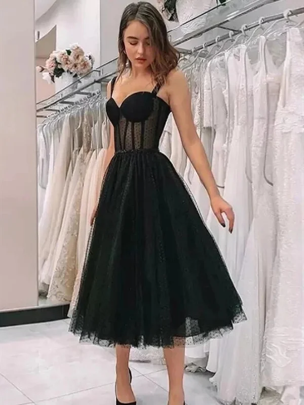 Super Sale satin midi dresssatin midi dressElegant Sweetheart Neck Tea Length Black Prom Dresses, Sweetheart Neck Black Formal Graduation Homecoming Dresses