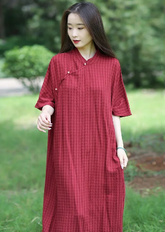 ashionable dressLoose Red Stand Collar Button Linen Long Dresses Summer