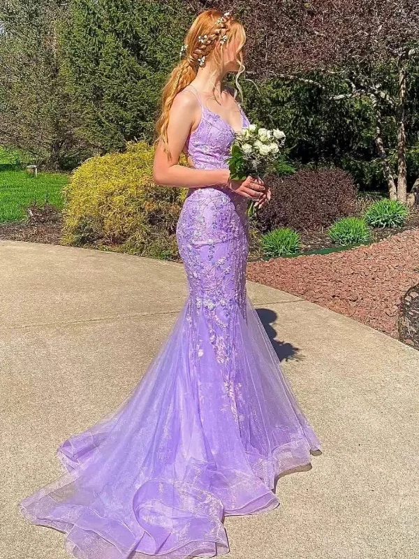 Weekend Flash Sale summer floral dresssummer floral dressV Neck Backless Mermaid Purple Lace Long Prom Dresses, Mermaid Purple Formal Dresses, Purple Lace Evening Dresses SP2867