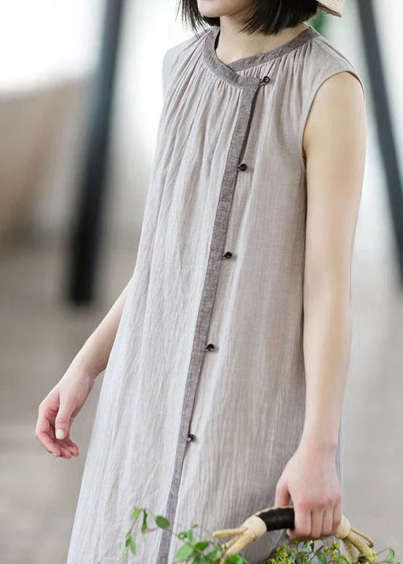 Markdowns elegant shift dresselegant shift dressBrief Khaki O-Neck Button Linen Long Dress Sleeveless