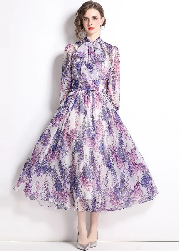 printed dressBohemian Purple Stand Collar Print Chiffon Long Dress Bracelet Sleeve