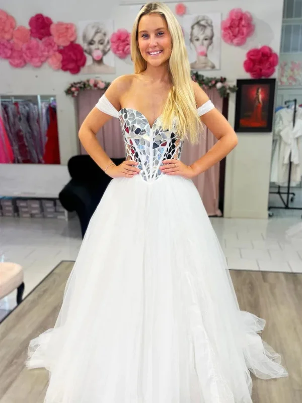 Savings Alert sleeveless dresssleeveless dressOff Shoulder Big Sequins White Long Prom Dresses, Off the Shoulder White Formal Dresses, White Tulle Evening Dresses SP2804