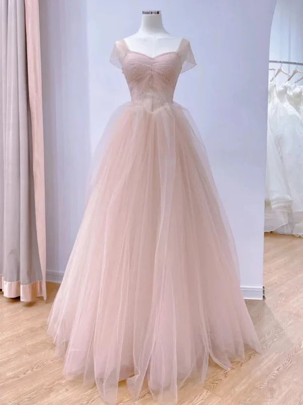 Can't Be Beat satin dresssatin dressCap Sleeves Beaded Pink Tulle Long Prom Dresses, Long Pink Formal Graduation Evening Dresses SP2914