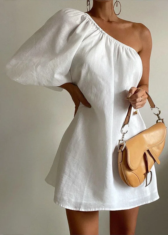 chic slip dressFrench White Asymmetrical Solid Cotton Mid Dress Bracelet Sleeve