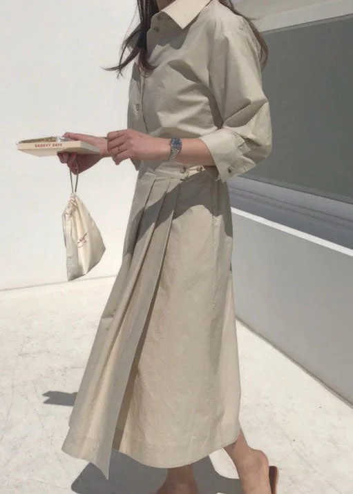 Special Discount off-the-shoulder dressoff-the-shoulder dressFine Beige Peter Pan Collar Wrinkled Patchwork Cotton Dress Spring