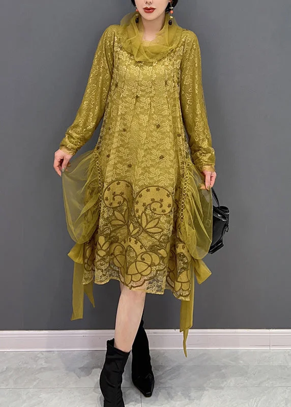 Act Now velvet dressvelvet dressChic Yellow Turtleneck Embroideried Tulle Holiday Dress Long Sleeve