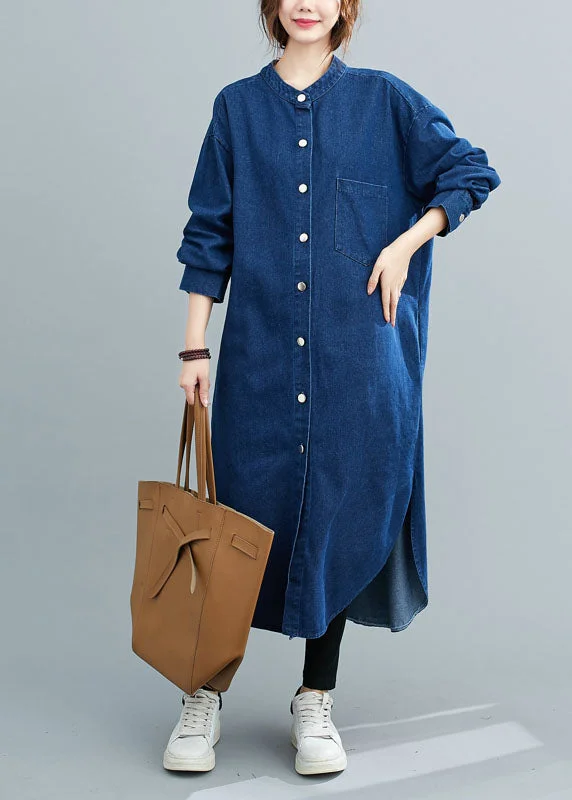 casual shift dressSimple Denim Blue Stand Collar Oversized Side Open Cotton Shirt Dresses Spring