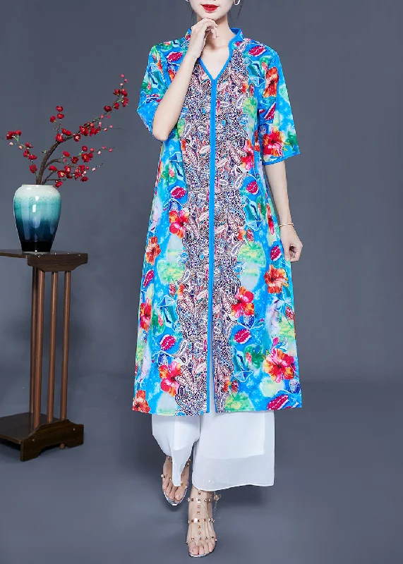 Get It Before It’s Gone fitted dressfitted dressArt Light Blue V Neck Patchwork Print Side Open Silk Beach Dresses Summer
