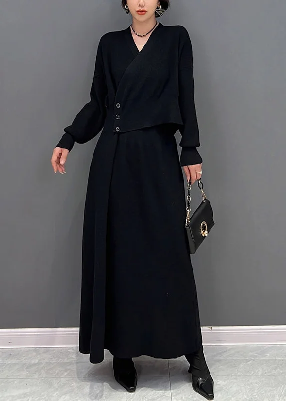 Super Bargain casual slip dresscasual slip dressSlim Fit Black V Neck Button Fake Two Pieces Maxi Dresses Fall