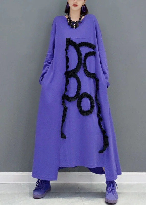 Early Access pleated dresspleated dressWomen Purple O-Neck Asymmetrical Ruffled Cotton A Line Dress Spring
