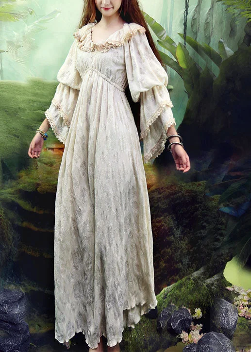 Deal of the Week oversized dressoversized dressBeautiful Beige Ruffled Silk Velour Long Dresses Puff Sleeve