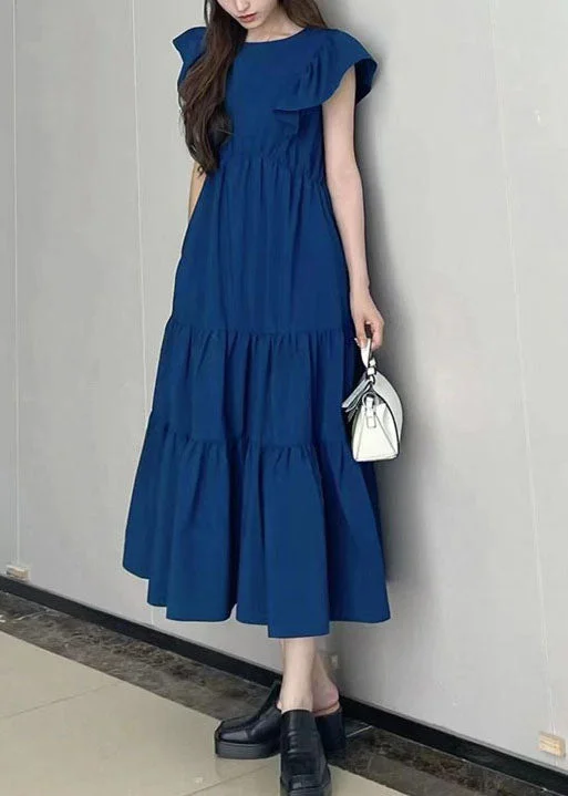 New Markdowns classic fit-and-flare dressclassic fit-and-flare dressArt Navy Slim Fit Patchwork Wrinkled Cotton Long Dress Petal Sleeve