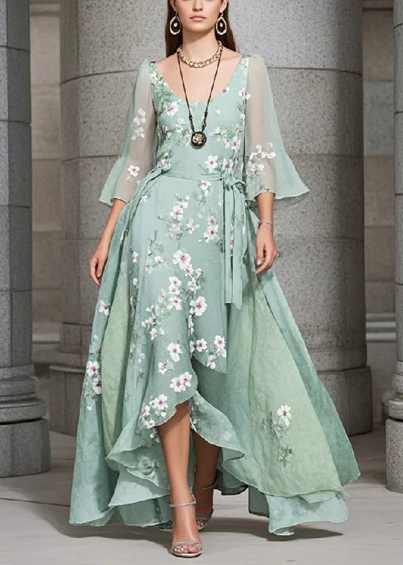 stylish dressBohemian Green Asymmetrical Print Exra Large Hem Chiffon Holiday Dress Summer