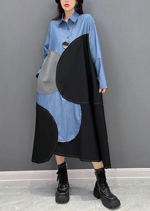 wrap dressPlus Size Blue Black Patchwork Asymmetrical Design Cotton Loose Dress Fall